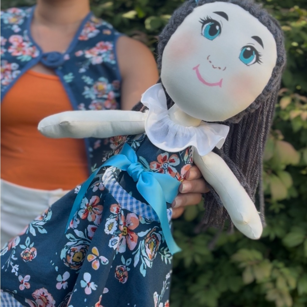 Floral Dress Rag Doll with Blue Accents